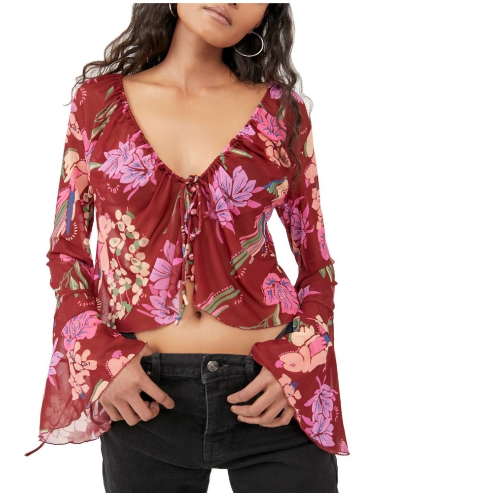 Free People Of Paradise Floral Bell Sleeve Cropped Blouse